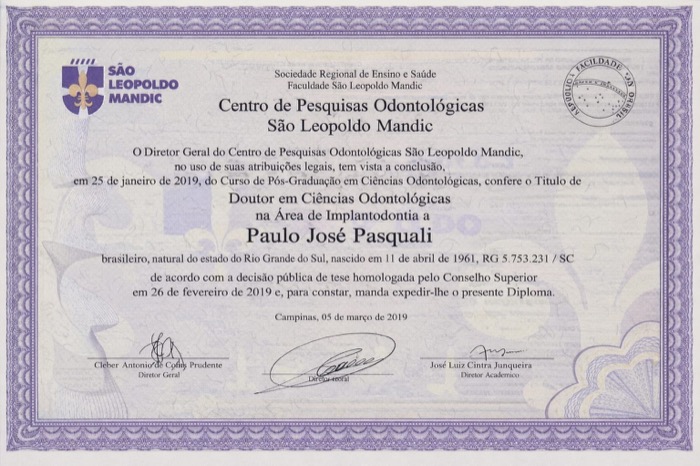 Diploma de Doutorado em Ciências Odontológicas — São Leopoldo Mandic 2019