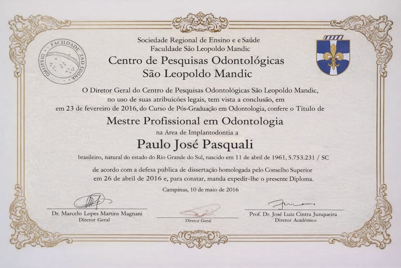 Diploma de Mestrado em Odontologia — Implantodontia — São Leopoldo Mandic 2016