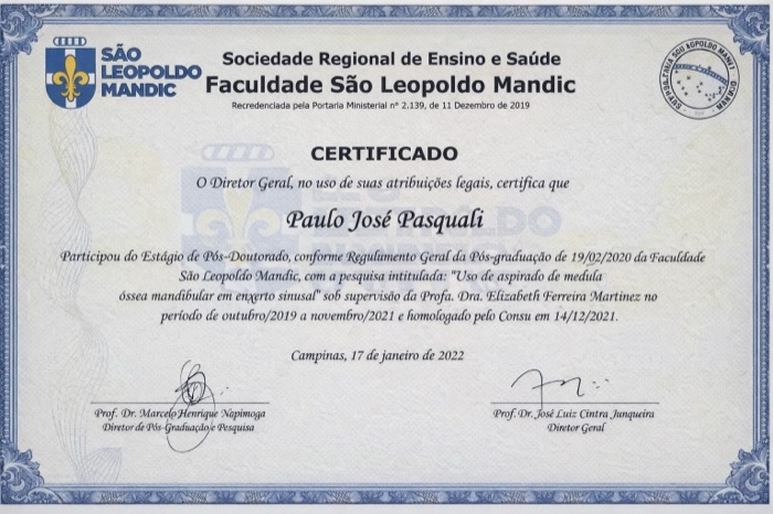 Certificado de Pós-Doutorado — Medula Óssea Mandibular — São Leopoldo Mandic 2022